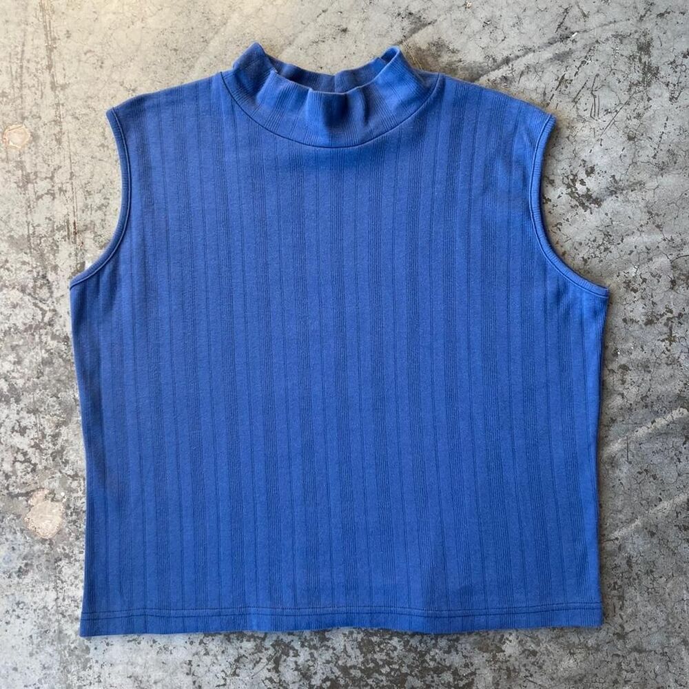 Anne Marie Vintage Blue Ribbed Mock Neck Tank Top USA 100% Cotton Women's XL